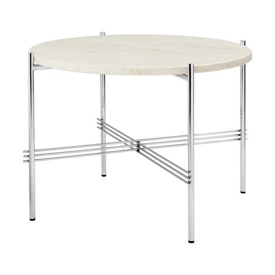 Gubi TS salongbord polert stål Ø 55 Neutral white travertine