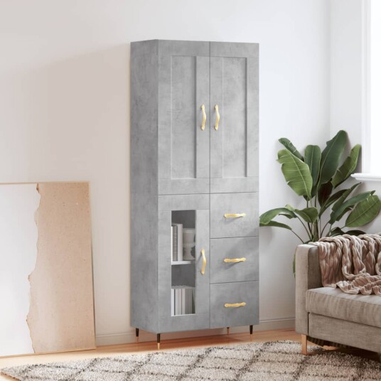 Highboard betonggrå 69,5x34x180 cm konstruert tre