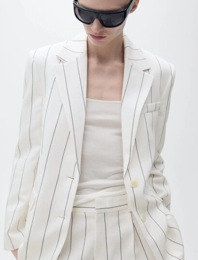 Mango Pinstripe Suit Jacket - White - XS
