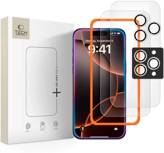 Tech-Protect Easy Set+ Beskyttelsessett for iPhone 16 Pro Max / 17 Pro Max med Skjerm- og Kameralinsebeskyttelsesglass - Gjennomsiktig