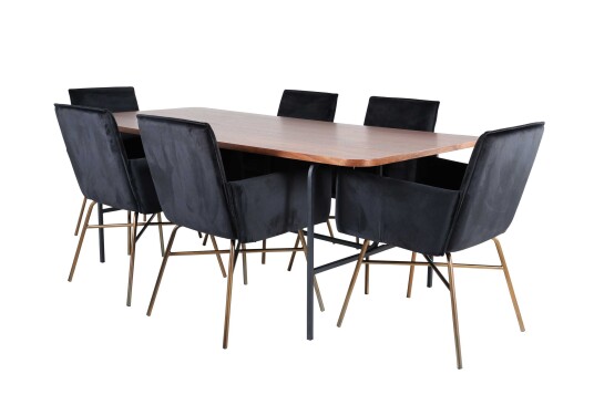 Venture Design Uno & Petra spisegruppe Svart/natur 6 stoler & bord 200 x 90 cm
