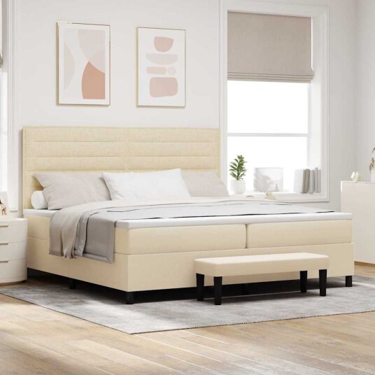 Sengebunn med madrass & benk krem 200x200 cm stoff