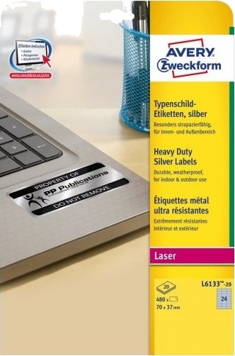 Avery L6133 20 Sølv Selvklebende Skriveretikett A4 Polyester Laser Permanent