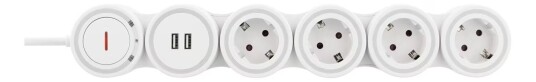 Deltaco GT-290 Strømskinne med 4 Uttak og 2 USB-A, 1.4m, Hvit