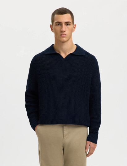 Selected Slhdereck Light Knit Relaxed Open Polo   Navy   XL