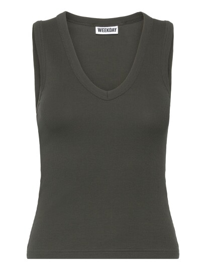Weekday Ribbed V Neck Tank Top   Khaki green   XXS