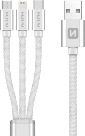 Swissten 3-i-1 USB-C Data- og Ladekabel 1,2 M Tekstil Sølv
