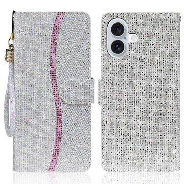iPhone 16 Stilig glitter lommebokveske Sølv