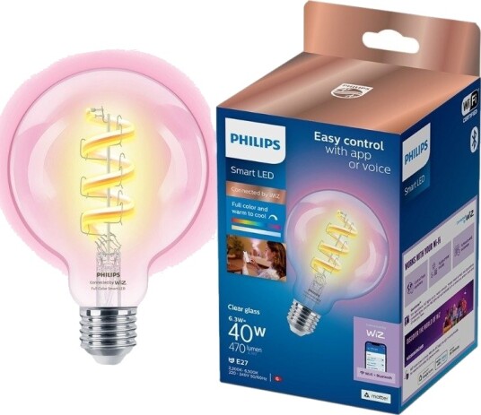 Philips Smart Led-Filamentlyspære Form: G95 Klar Finish E27 6.3 W Ekvivalent 40 Klasse G Rgb-Lys 2200-6500 K Philips Smart Led-Filamentlyspære Form: G95 Klar Finish E27 6.3 W Ekvivalent 40 Klasse G Rgb-Lys 2200-6500 K