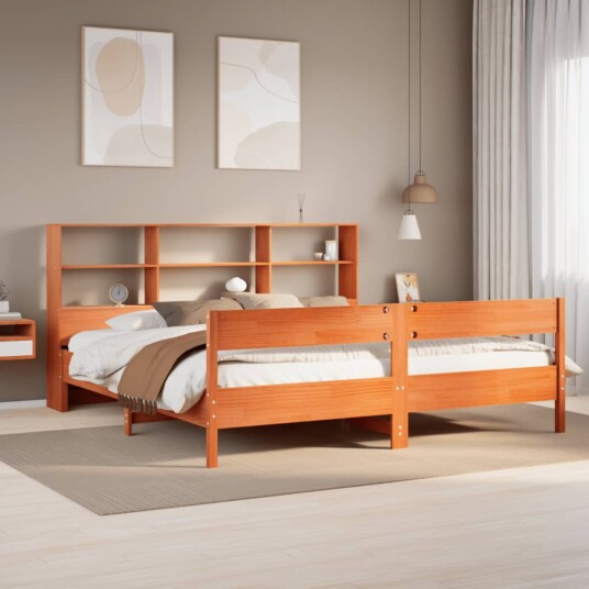  Seng med bokhylle uten madrass voksbrun 200x200 cm heltre furu 8721158617644