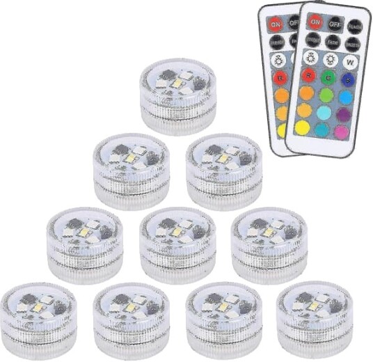10 stk. Mini nedsenkbare LED lys Aled Light undervannslys vanntett RGB flerfarget LED lys med 2 fjernkontroller for svømmebasseng