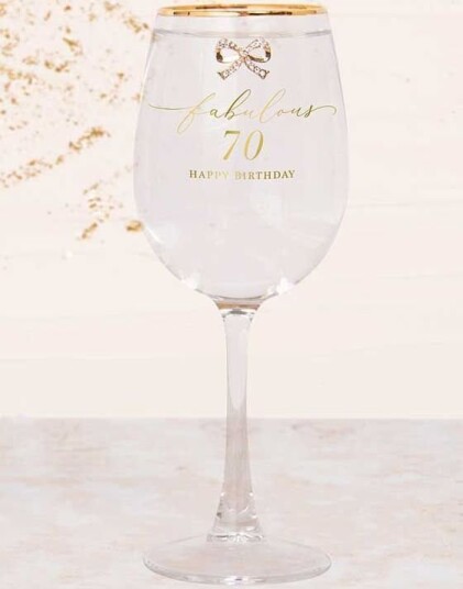 Elegant Vinglass med Gravert Gull Tekst og Stener Fabulous 70th Birthday