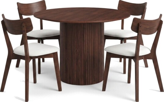 Kopparbo spisegruppe rundt 110 cm i valnøtt med 4 Amelia spisestoler med pute Valnøtt/Beige Kopparbo spisegruppe rundt 110 cm i valnøtt med 4 Amelia spisestoler med pute Valnøtt/Beige