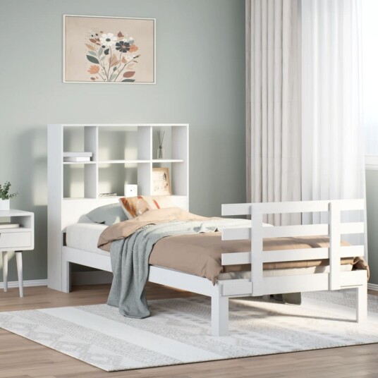 Seng med bokhylle uten madrass hvit 100x200 cm heltre furu 8721158615411