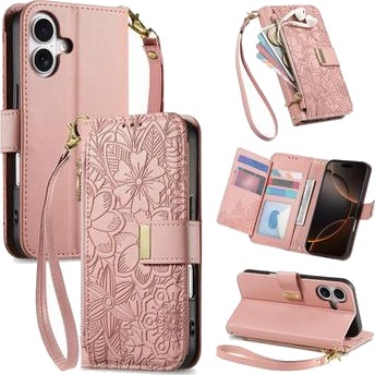 iPhone 17 lommebokveske med blomster  og bladmønster glidelåslomme og håndleddsstropp   rosa