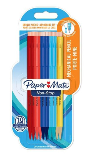 Paper Mate Non-Stop Mechanical Pencil 0.7mm with Shock-Absorbing Tip HB #2 Assorted Barrel Colours 10 Count