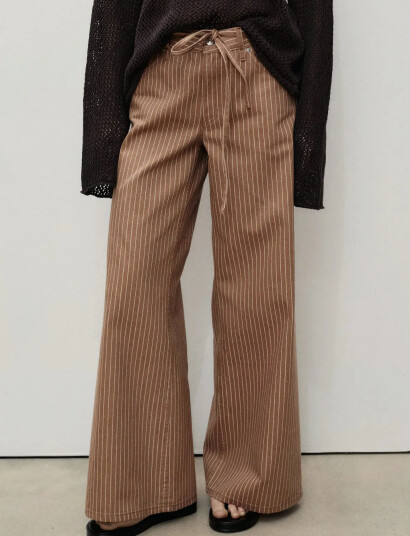Mango Wide Leg Jeans With Stripes And Belt - Brown - 34