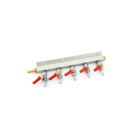 CO2 manifold med 5 uttak, 7 mm nippel med stengeventiler og slangenippel