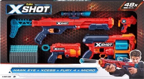 Skumpile-Blaster Pakke Zuru X-Shot Excel Combo Pack Hawk Eye + Xcess + Fury 4 + Micro Affyringsrampe 48 Dartpile 36585
