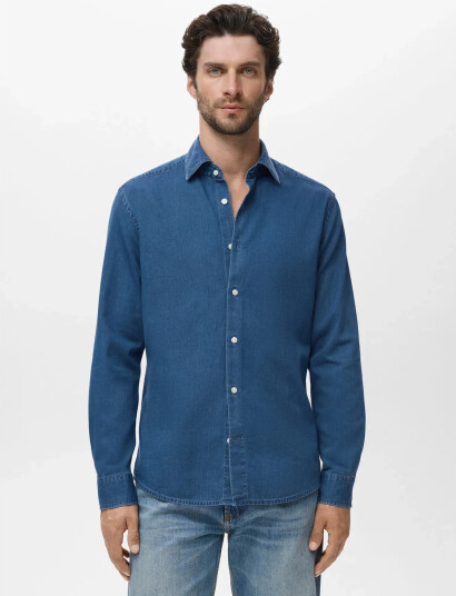 Mango 100% Cotton Chambray Shirt - Blue - XXL