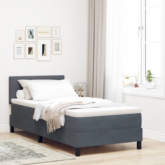 Box Spring Seng med Madrass og LED Mørkegrå 90x190 cm Fløyel
