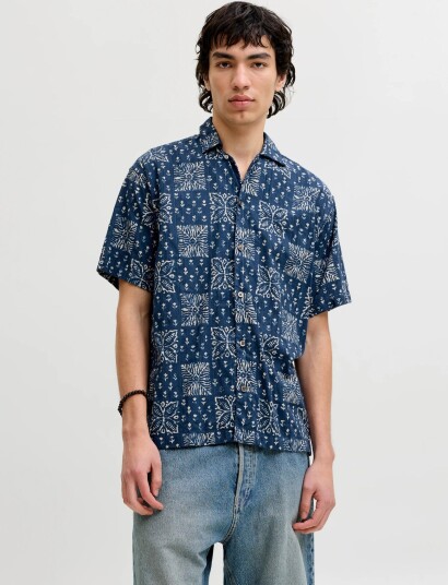 Jack & Jones Jprblulyon Print Dobby S/S Shirt Sn   Navy   L