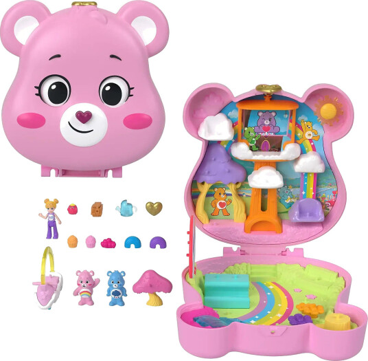 Polly Pocket Care Bears Lekesett med Lekebil og Figurtilbehør - Kompakt Reiseleke