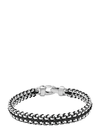 NIALAYA Men"s Black Woven 8 Mm Box Chain Bracelet In Silver Silver M NIALAYA Men"s Black Woven 8 Mm Box Chain Bracelet In Silver Silver M