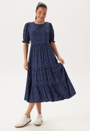 Happy Holly Puff Sleeve Viscose Midi Dress Dark blue/Patterned 40/42 Happy Holly Puff Sleeve Viscose Midi Dress Dark blue/Patterned 40/42