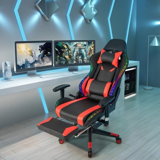 Spillestol med RGB LED lys og uttrekkbar fotstøtte Ergonomisk kontorstol rød Spillestol med RGB LED lys og uttrekkbar fotstøtte Ergonomisk kontorstol rød