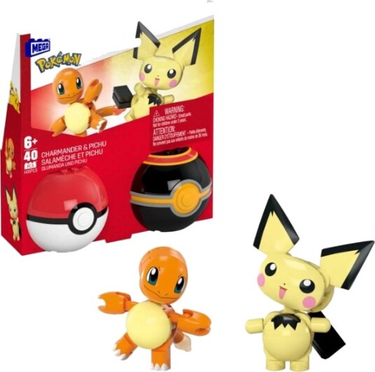 Mega Pokemon Pokeball 2-pakke Charmander og Pichu byggesett med 40 klosser