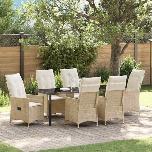 7-delt hagemøbelsett med puter beige poly rattan