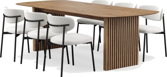 Richeto spisebord 240 cm med 6 Lucy spisestoler - Naturlig finish / hvit bouclé / metallben svart