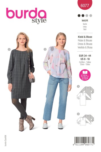 Burda 6077 - Kjole og bluse EUR: 34-44, US: 8-18
