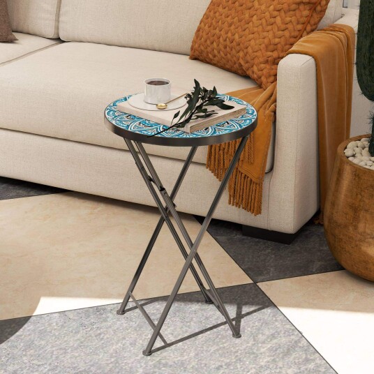 Sidebord sammenleggbart hagebord med mosaikkdesign diameter 35,5 x 55 cm rundt værbestandig balkongbord laget av metall camp Sidebord sammenleggbart hagebord med mosaikkdesign diameter 35,5 x 55 cm rundt værbestandig balkongbord laget av metall camp