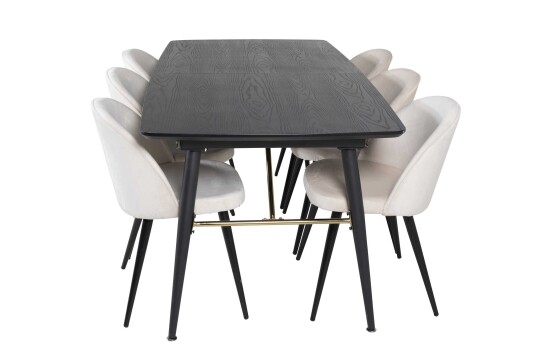 Venture Design Black Veneer & Velvet spisegruppe Svart/svart 6 st stoler & bord 180 x 85 cm