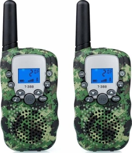 2-pakning walkie-talkier for barn, kamuflasje, 3 km rekkevidde, 8 kanaler, VOX, lommelykt og LCD-skjerm