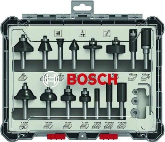 Bosch 15 Deler Fresejernsett for Tre - 1/4" Skaft
