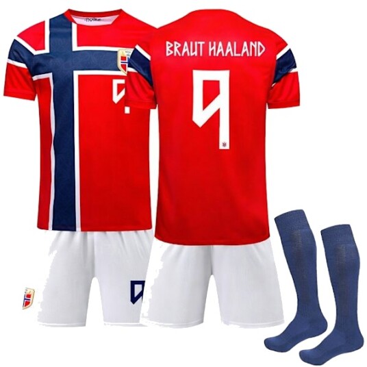 2026 VM Norge herrelandslag fotballdrakt hjemme for barn+shorts+sokker (nr. 9 Haaland trykt) 26-27 Haaland