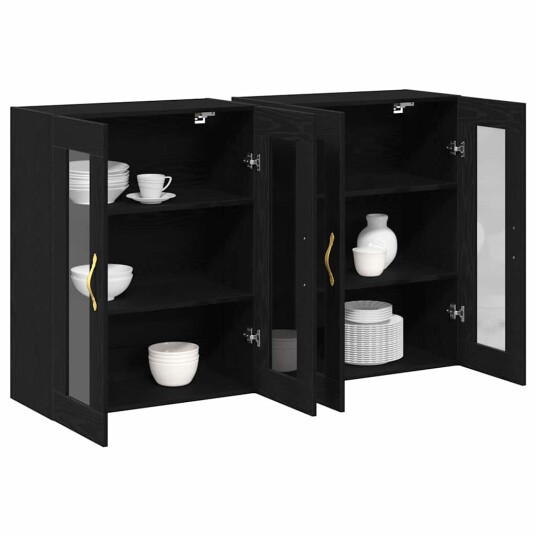 Vegghengte skap 2 stk i svart eik 69,5 x 34 x 90 cm laget av ingeniørtre. Vegghengte skap 2 stk i svart eik 69,5 x 34 x 90 cm laget av ingeniørtre.