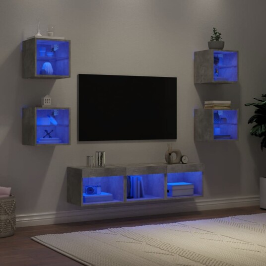 vidaXL Vegghengte TV-enheter med LED 7 deler betonggrå konstruert tre 8721012470019