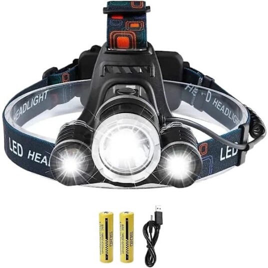 Oppladbar LED-hodelykt, 5000 lm, supersterk T6 LED-, vanntett med 2 batterier, USB-ladekabel for ca.