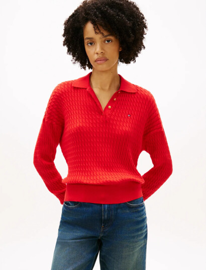 Tommy Hilfiger Co Cable Fine Gg Rlxd Polo Swt   Red   XL