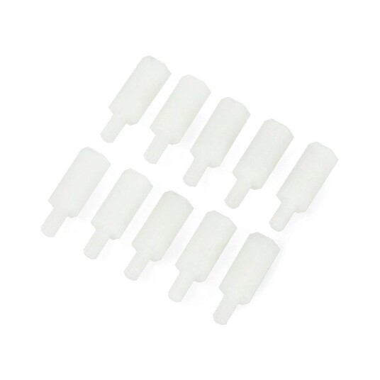 Nylondistanse 12mm med M3 utvendig gjenge 10 pk