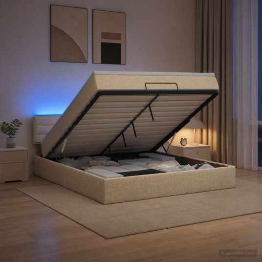 vidaXL Ottoman Seng med Madrass og LED Krem 140 x 190 cm Stoff