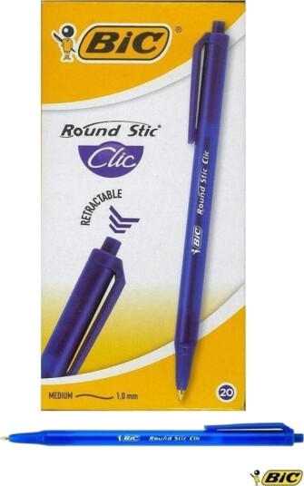 Bic Round Stic Clic, Klips, Uttrykkbar Kulepenn Med Hengefeste, Blå, 20 Stykker, Medium