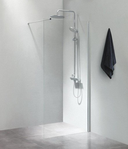 Cassøe SLIM Dusjvegg 80 cm m/Forhengsstang 100 cm, Klart glass/Blank profil Cassøe SLIM Dusjvegg 80 cm m/Forhengsstang 100 cm, Klart glass/Blank profil