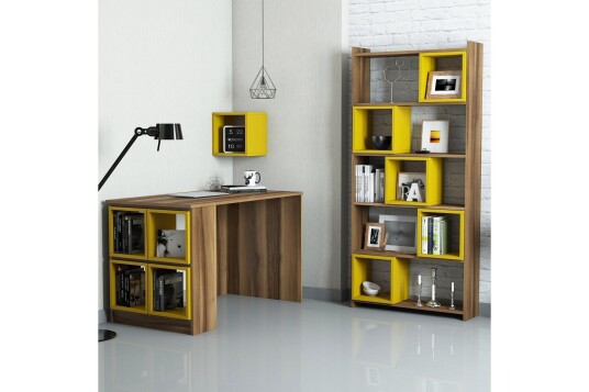 Skrivebord Amtorp 120cm med Oppbevaring Hylle+Vegghylle+Bokh Brun/Gul