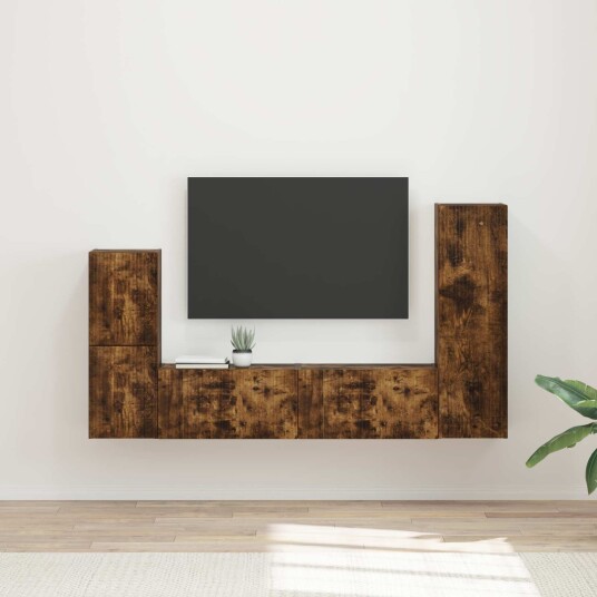 TV benksett Veggmontert 4 pcs Røkt eik Konstruert tre TV benksett Veggmontert 4 pcs Røkt eik Konstruert tre
