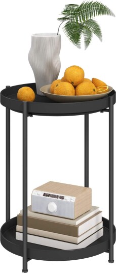 Sidebord salongbord med 2 hyller rundt salongbord til stue soverom 44 x 44 x 56 cm stål svart